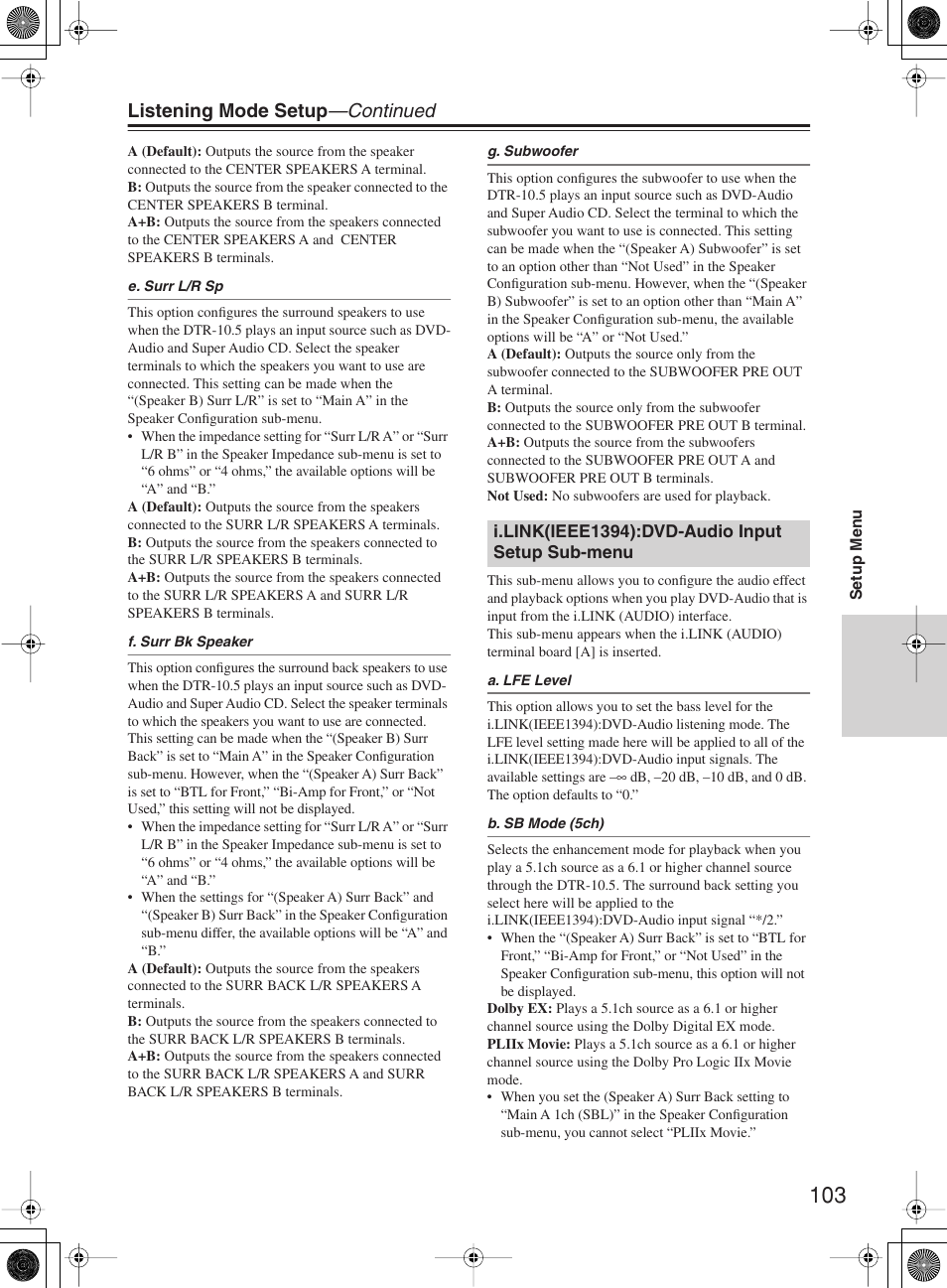 Listening mode setup —continued | Integra DTR-10.5 User Manual | Page 103 / 152