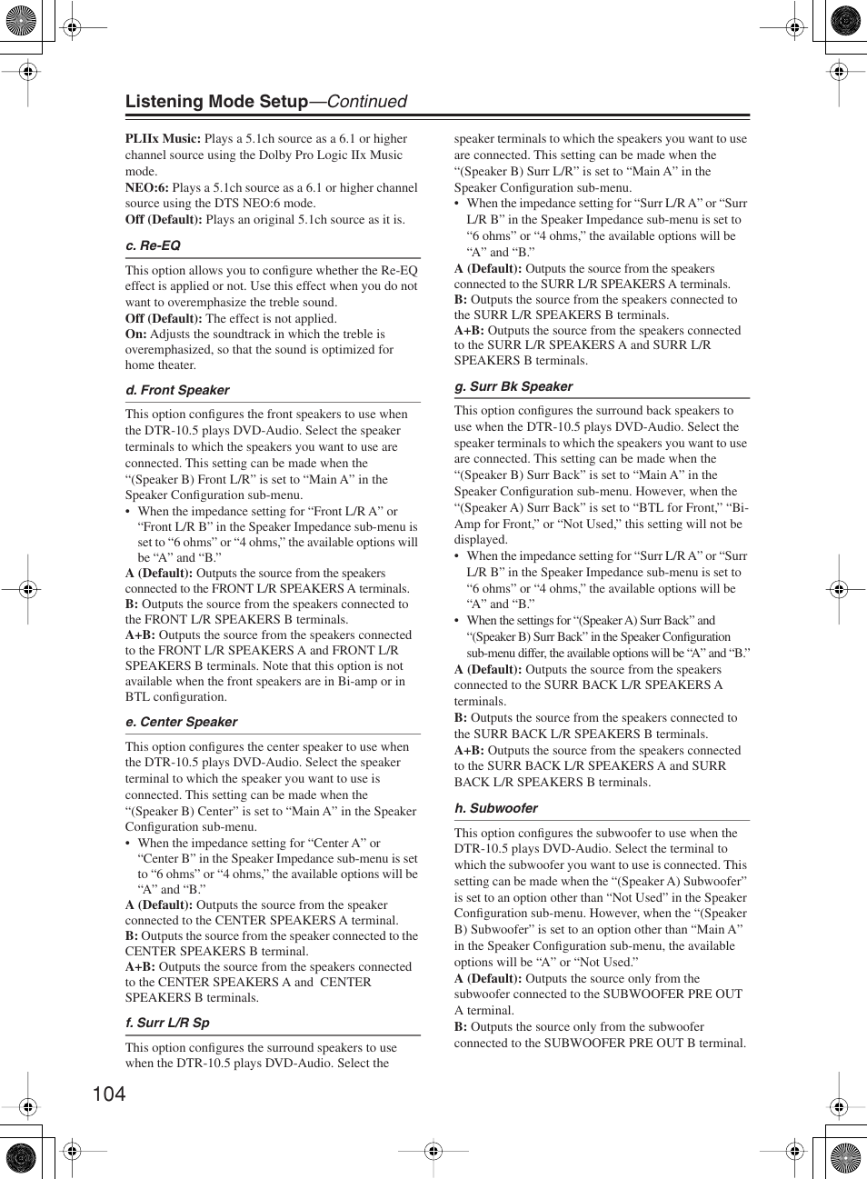 Listening mode setup —continued | Integra DTR-10.5 User Manual | Page 104 / 152