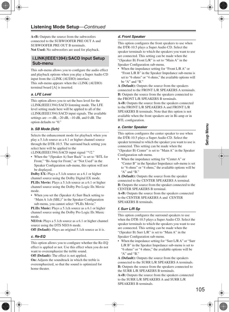 Listening mode setup —continued | Integra DTR-10.5 User Manual | Page 105 / 152