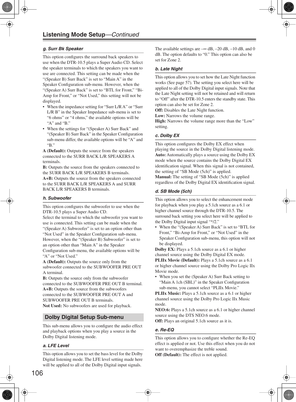 Listening mode setup —continued | Integra DTR-10.5 User Manual | Page 106 / 152