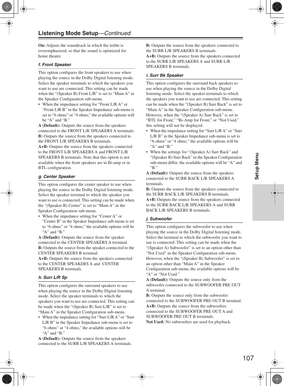 Listening mode setup —continued | Integra DTR-10.5 User Manual | Page 107 / 152