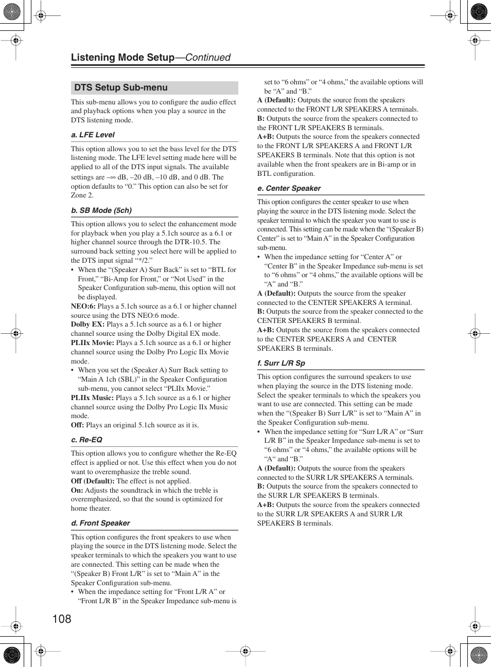 Listening mode setup —continued | Integra DTR-10.5 User Manual | Page 108 / 152
