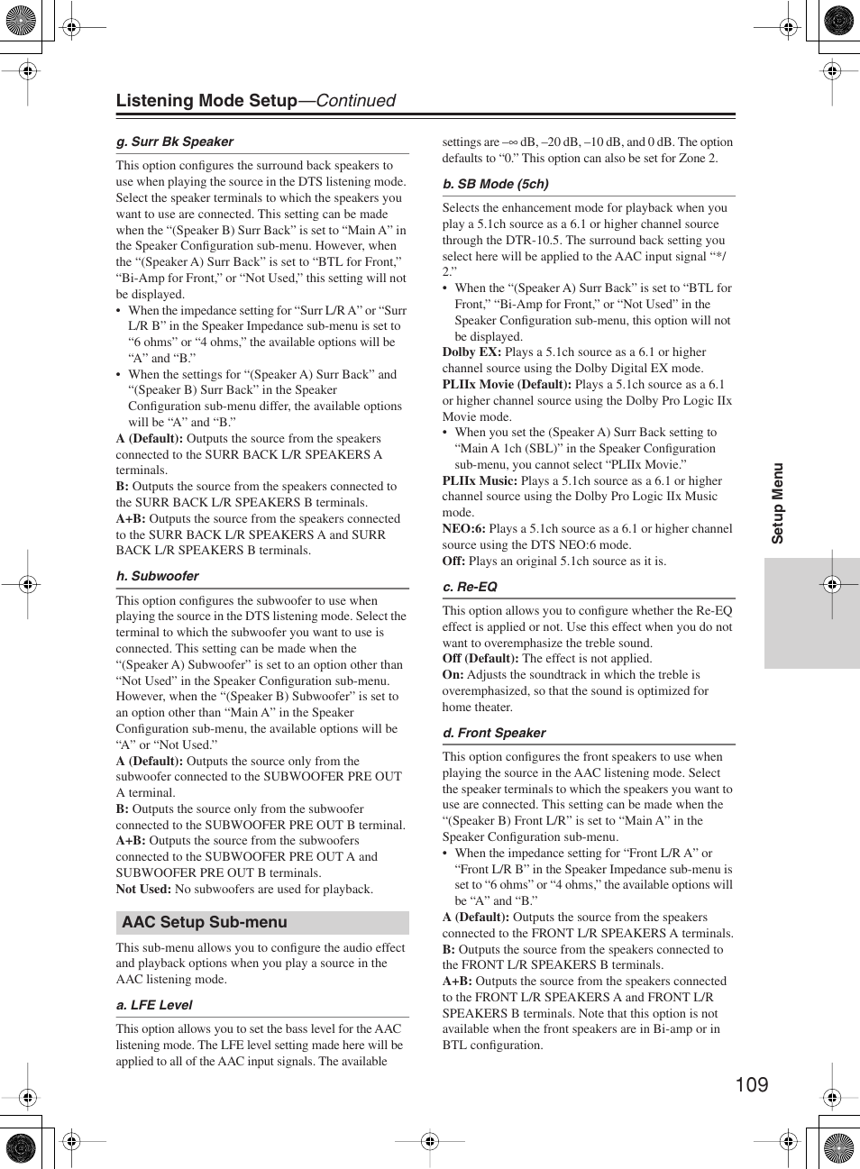 Listening mode setup —continued | Integra DTR-10.5 User Manual | Page 109 / 152