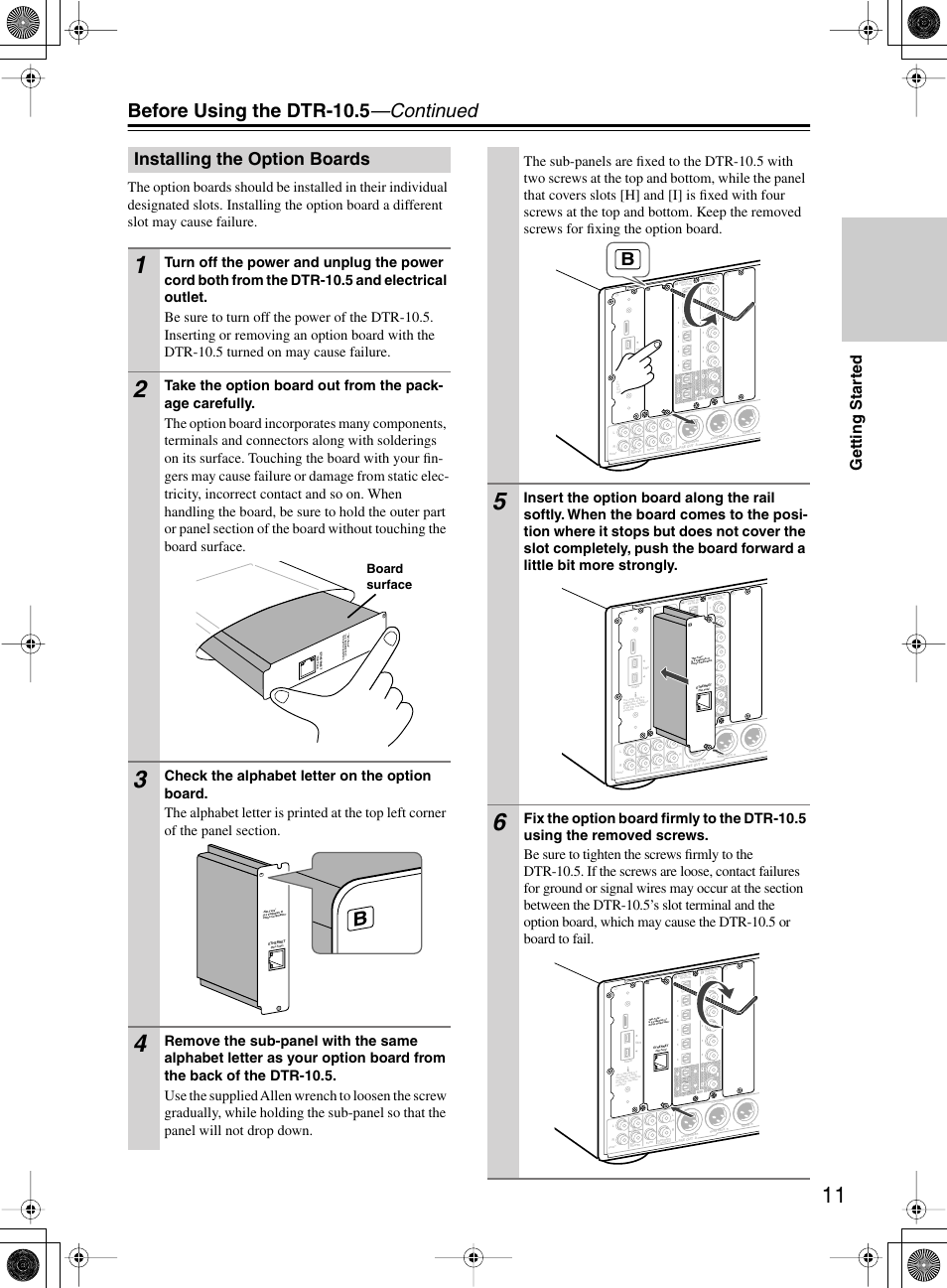 Before using the dtr-10.5 —continued, Installing the option boards, Getting star ted | Board surface | Integra DTR-10.5 User Manual | Page 11 / 152