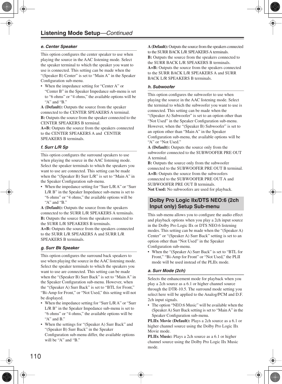 Listening mode setup —continued | Integra DTR-10.5 User Manual | Page 110 / 152