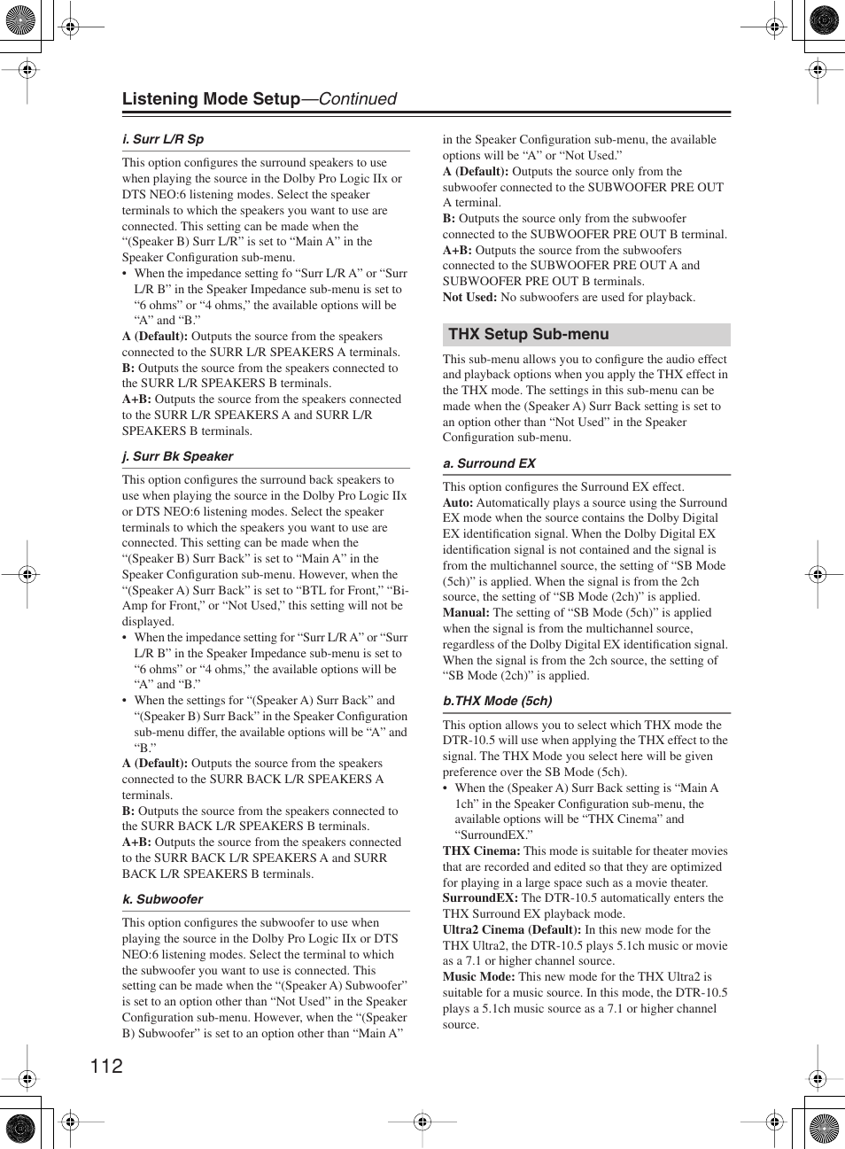 Listening mode setup —continued | Integra DTR-10.5 User Manual | Page 112 / 152