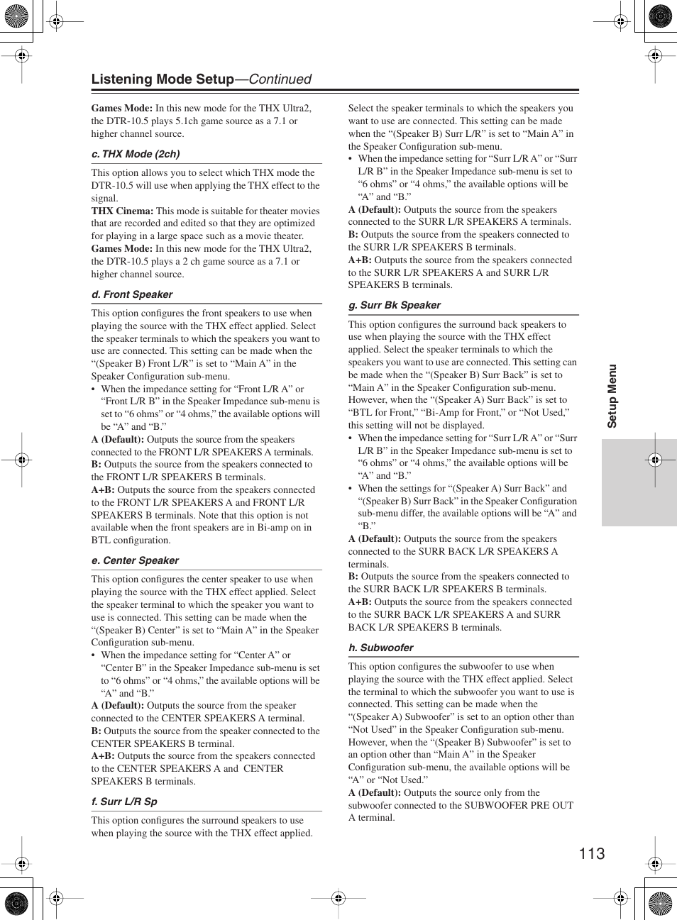 Listening mode setup —continued | Integra DTR-10.5 User Manual | Page 113 / 152