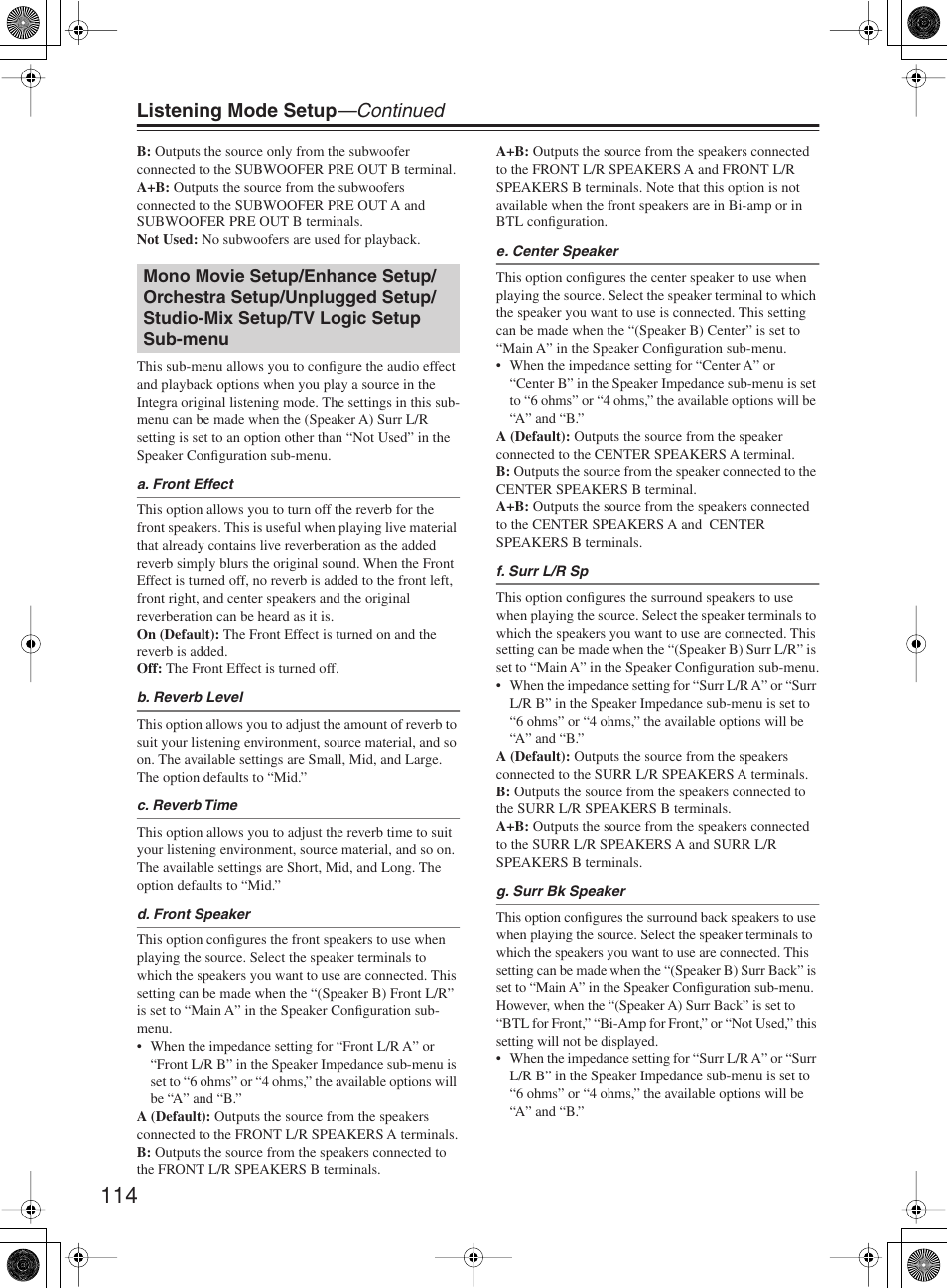 Listening mode setup —continued | Integra DTR-10.5 User Manual | Page 114 / 152