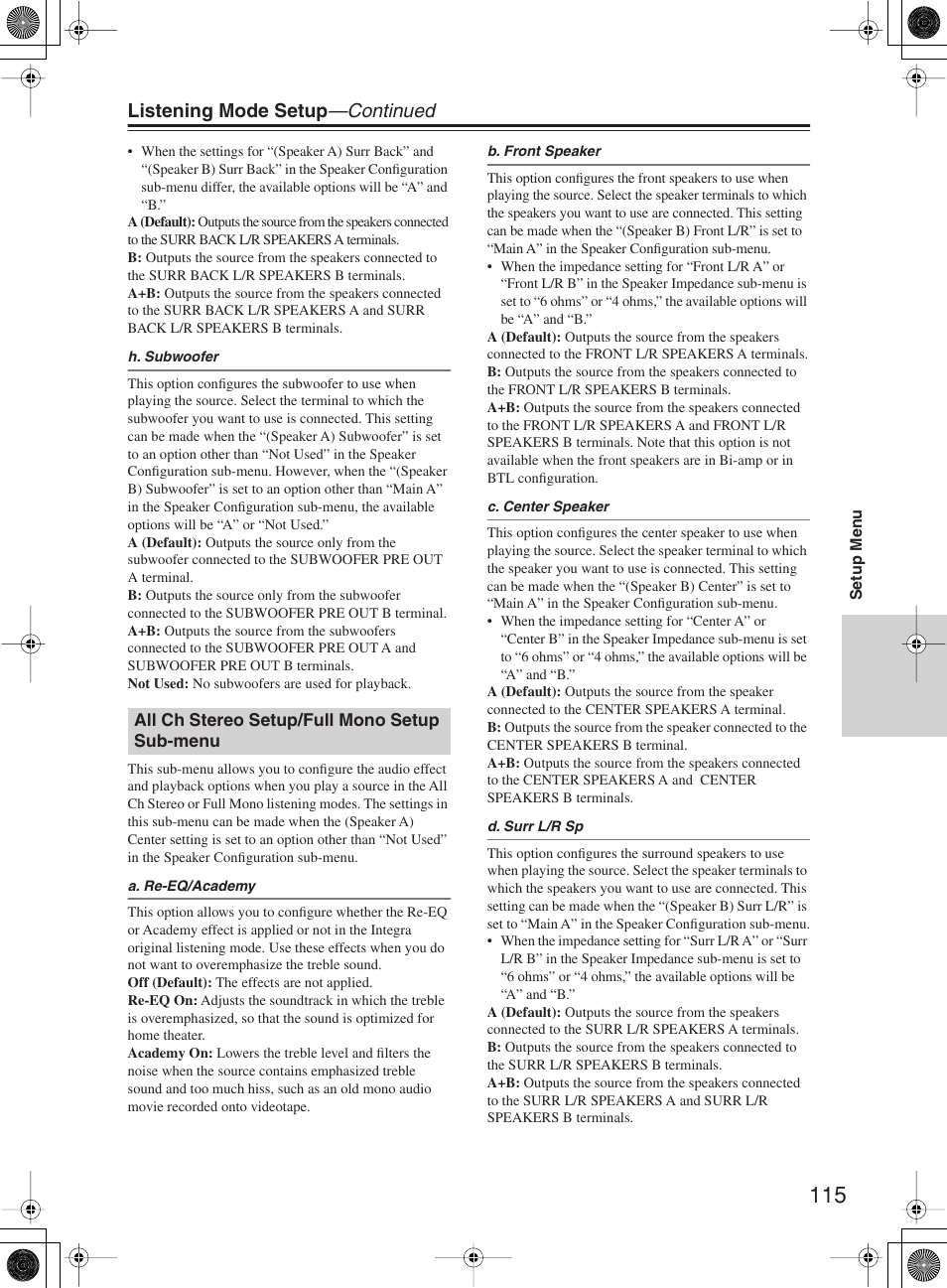 Listening mode setup —continued | Integra DTR-10.5 User Manual | Page 115 / 152