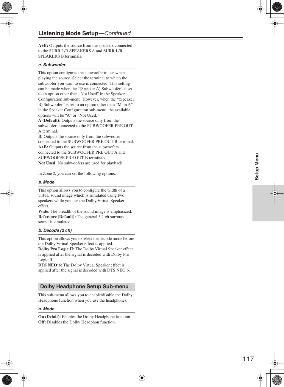 Listening mode setup —continued | Integra DTR-10.5 User Manual | Page 117 / 152