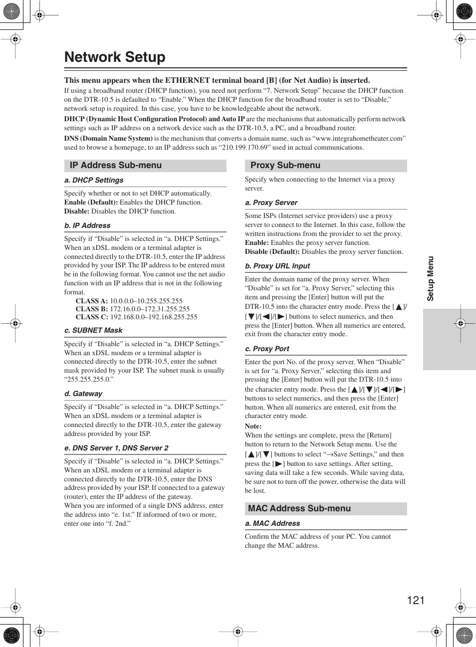 Network setup | Integra DTR-10.5 User Manual | Page 121 / 152