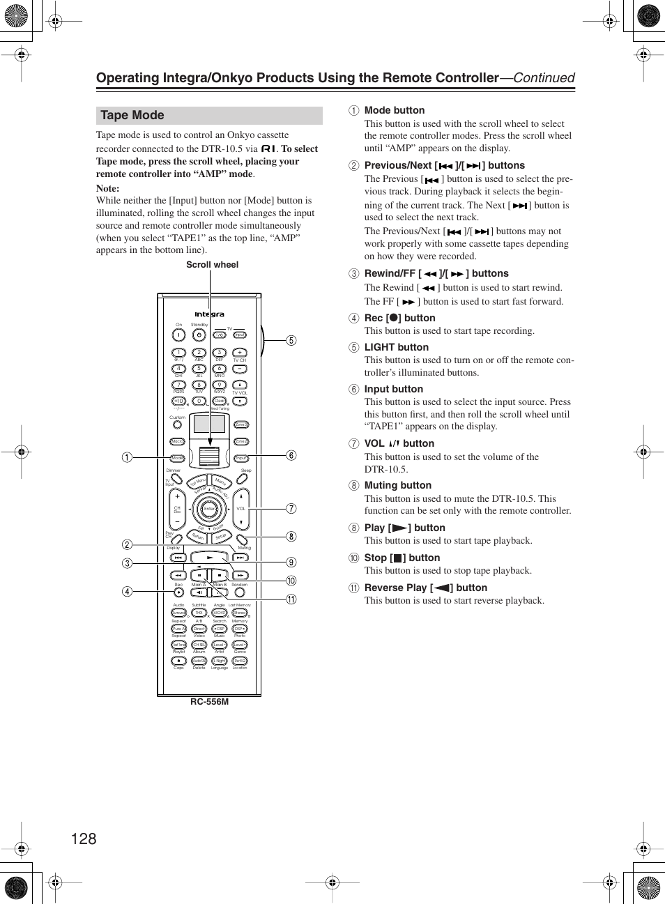 Tape mode, Button this button is used to start tape recording | Integra DTR-10.5 User Manual | Page 128 / 152