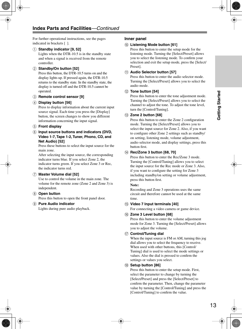 Index parts and facilities —continued | Integra DTR-10.5 User Manual | Page 13 / 152