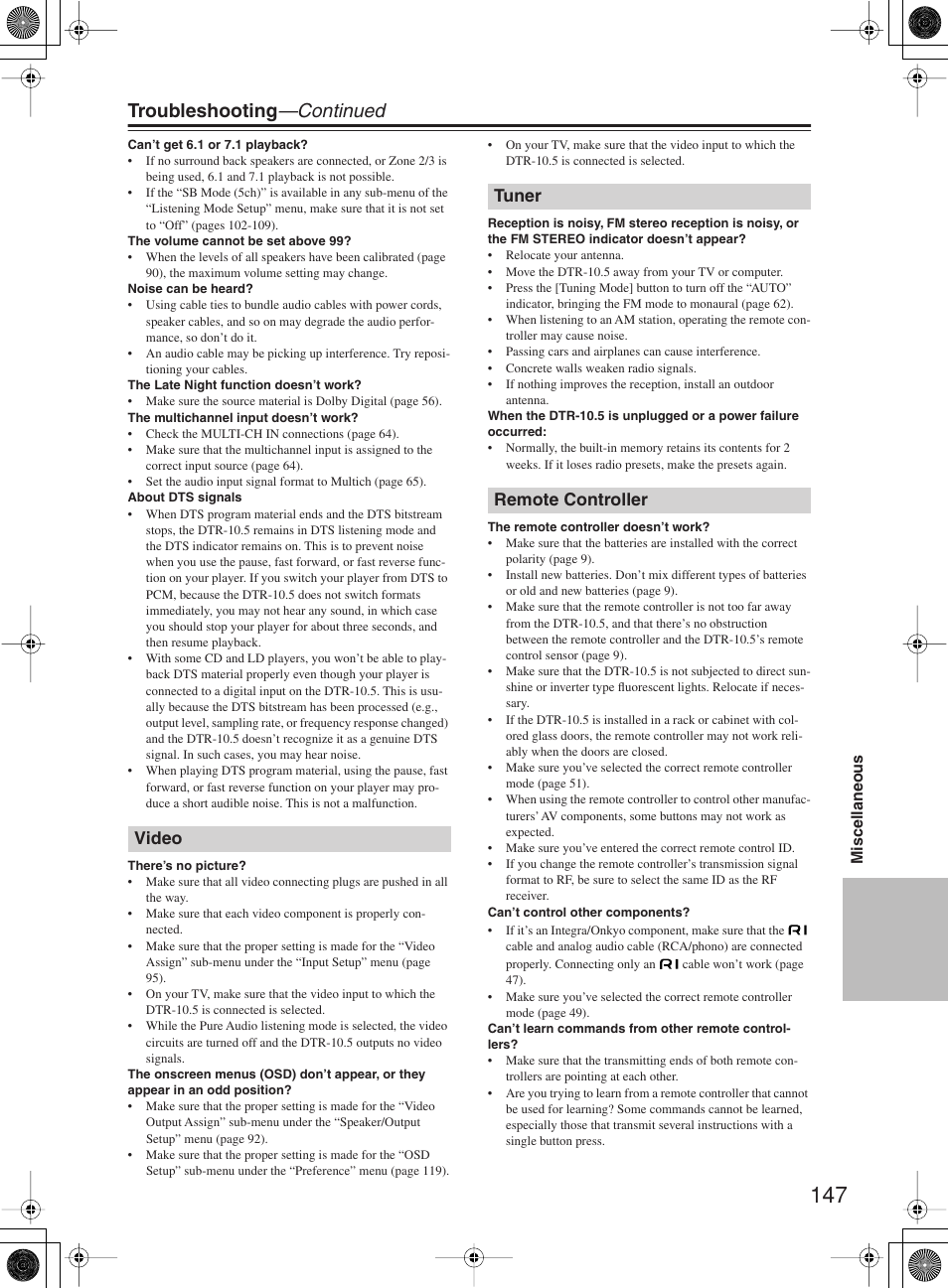 Troubleshooting —continued, Video tuner remote controller | Integra DTR-10.5 User Manual | Page 147 / 152