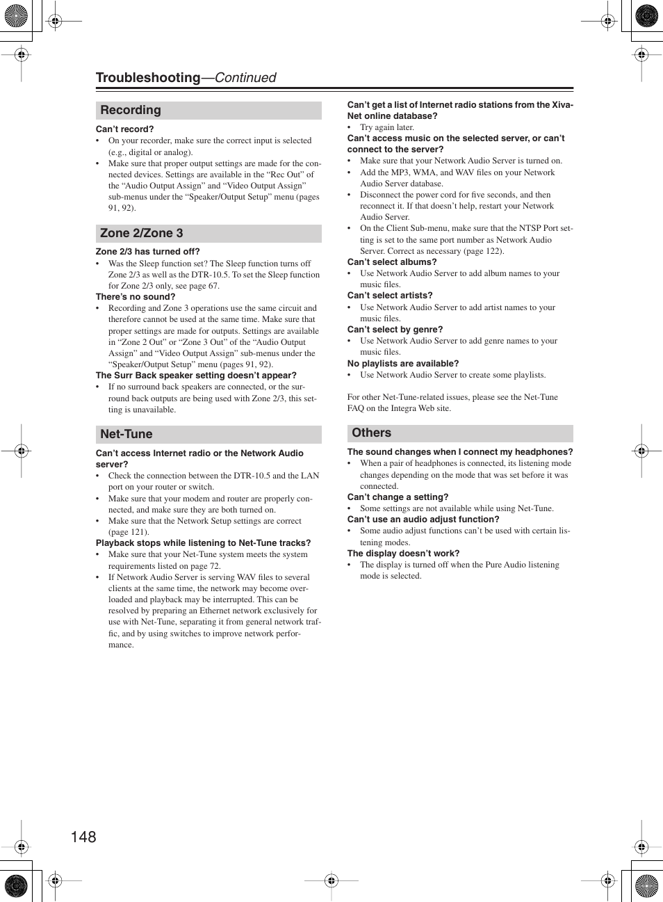 Troubleshooting —continued, Recording zone 2/zone 3 net-tune others | Integra DTR-10.5 User Manual | Page 148 / 152