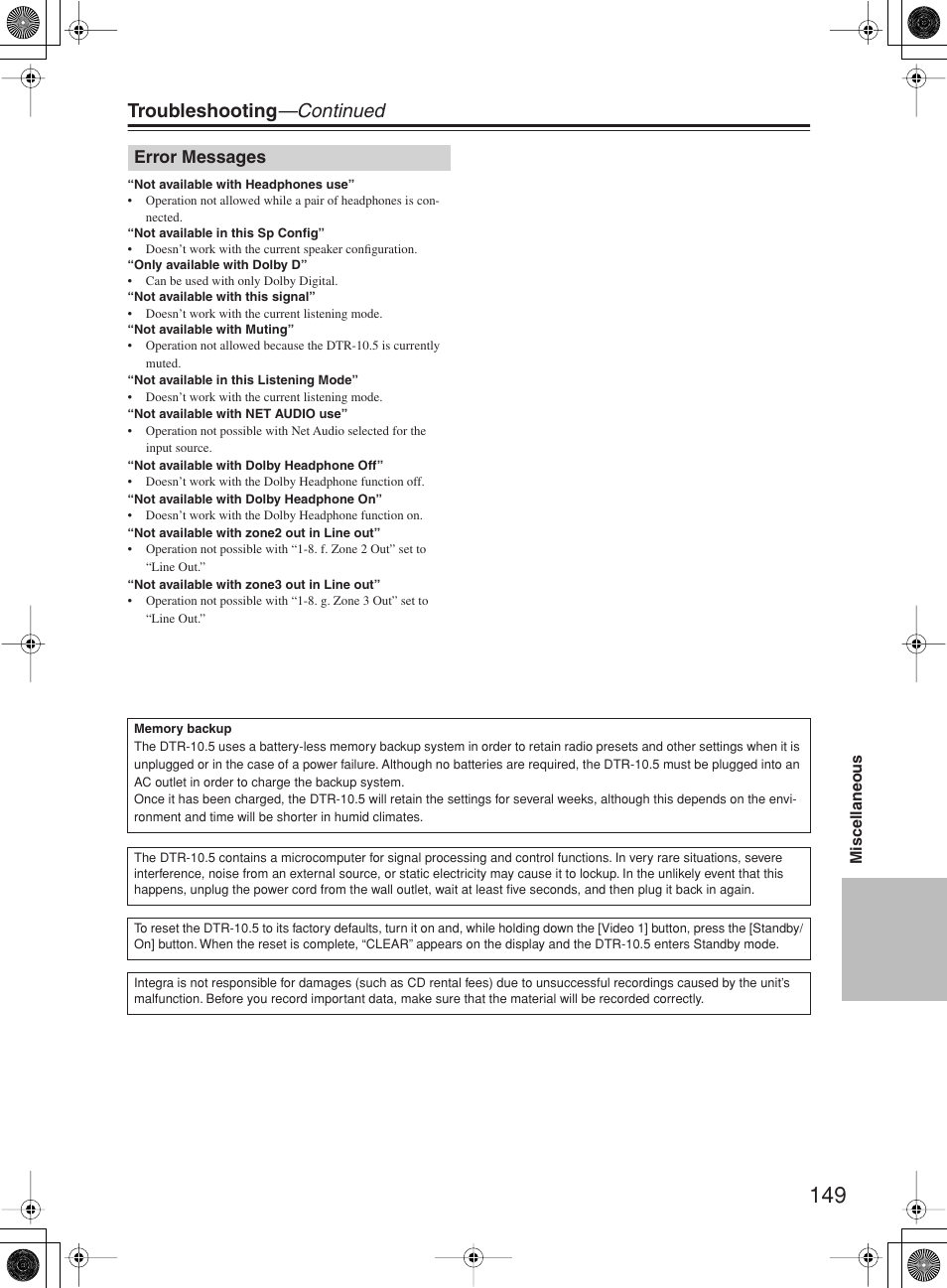 Troubleshooting —continued, Error messages | Integra DTR-10.5 User Manual | Page 149 / 152