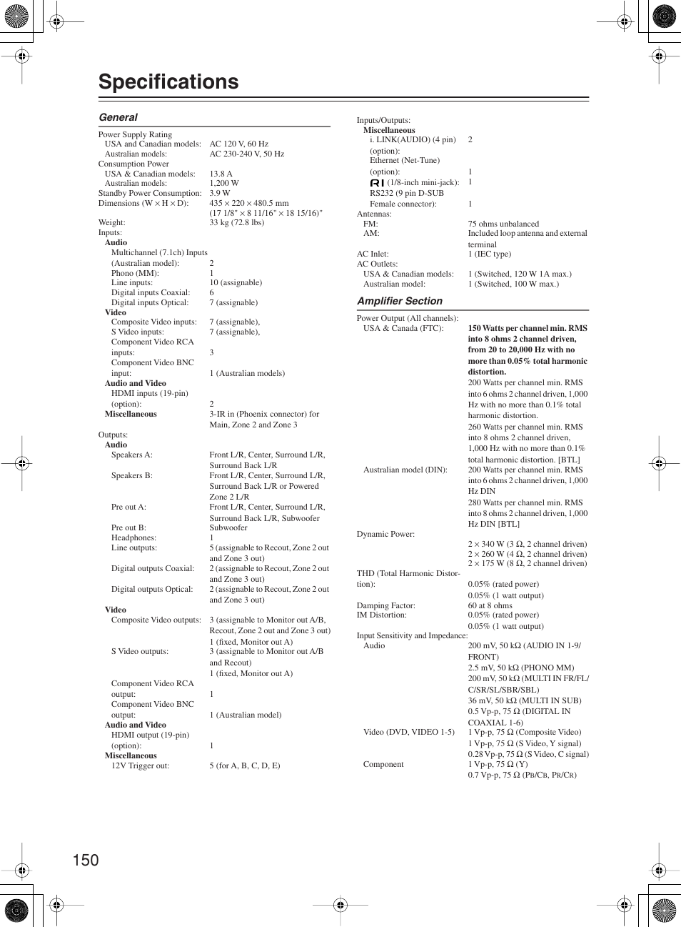 Specifications | Integra DTR-10.5 User Manual | Page 150 / 152