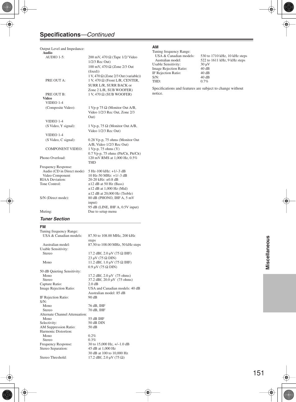 Specifications —continued, Miscellaneous | Integra DTR-10.5 User Manual | Page 151 / 152