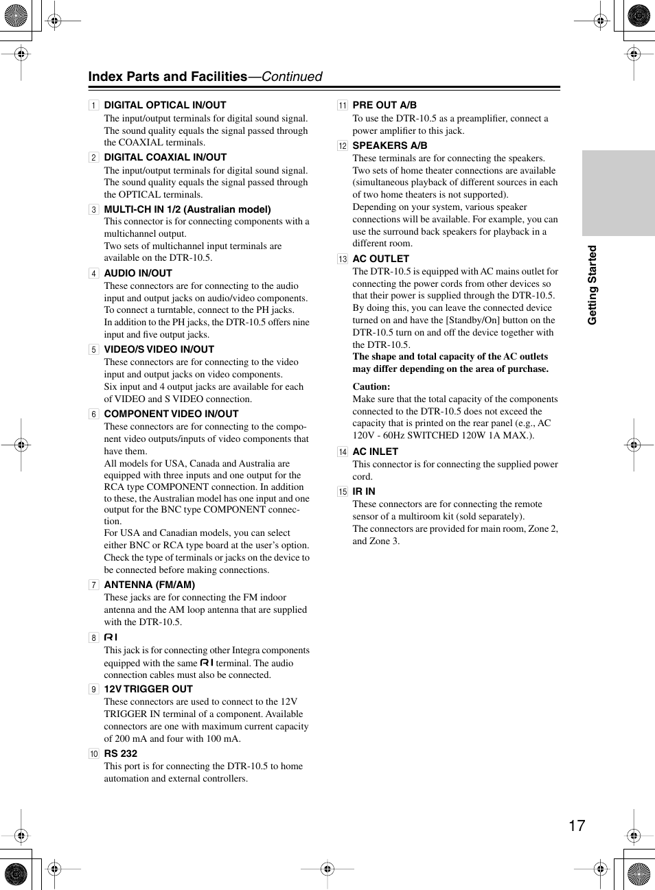 Index parts and facilities —continued | Integra DTR-10.5 User Manual | Page 17 / 152