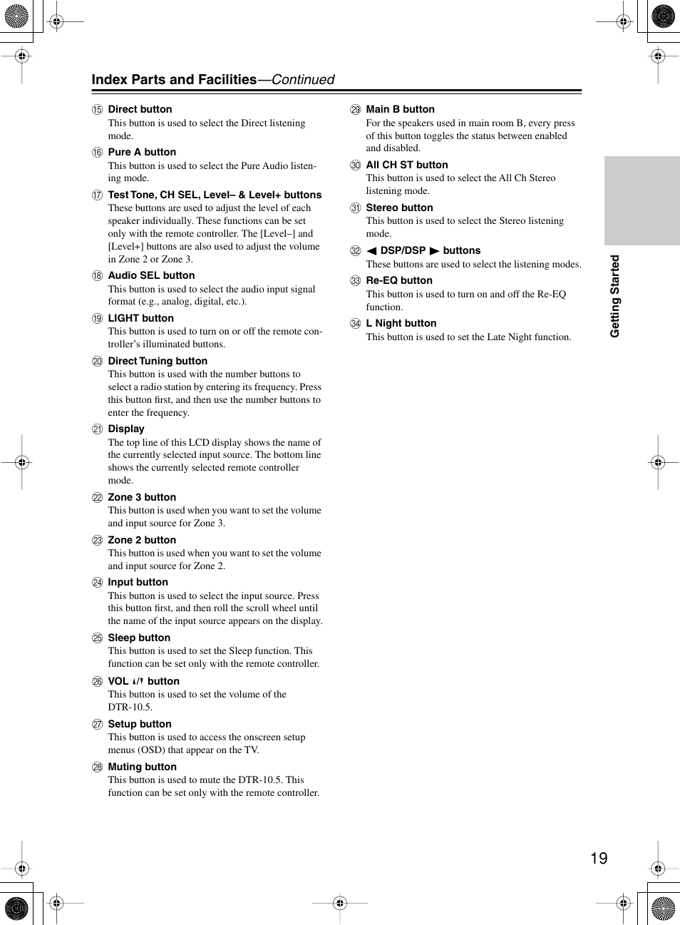 Index parts and facilities —continued | Integra DTR-10.5 User Manual | Page 19 / 152