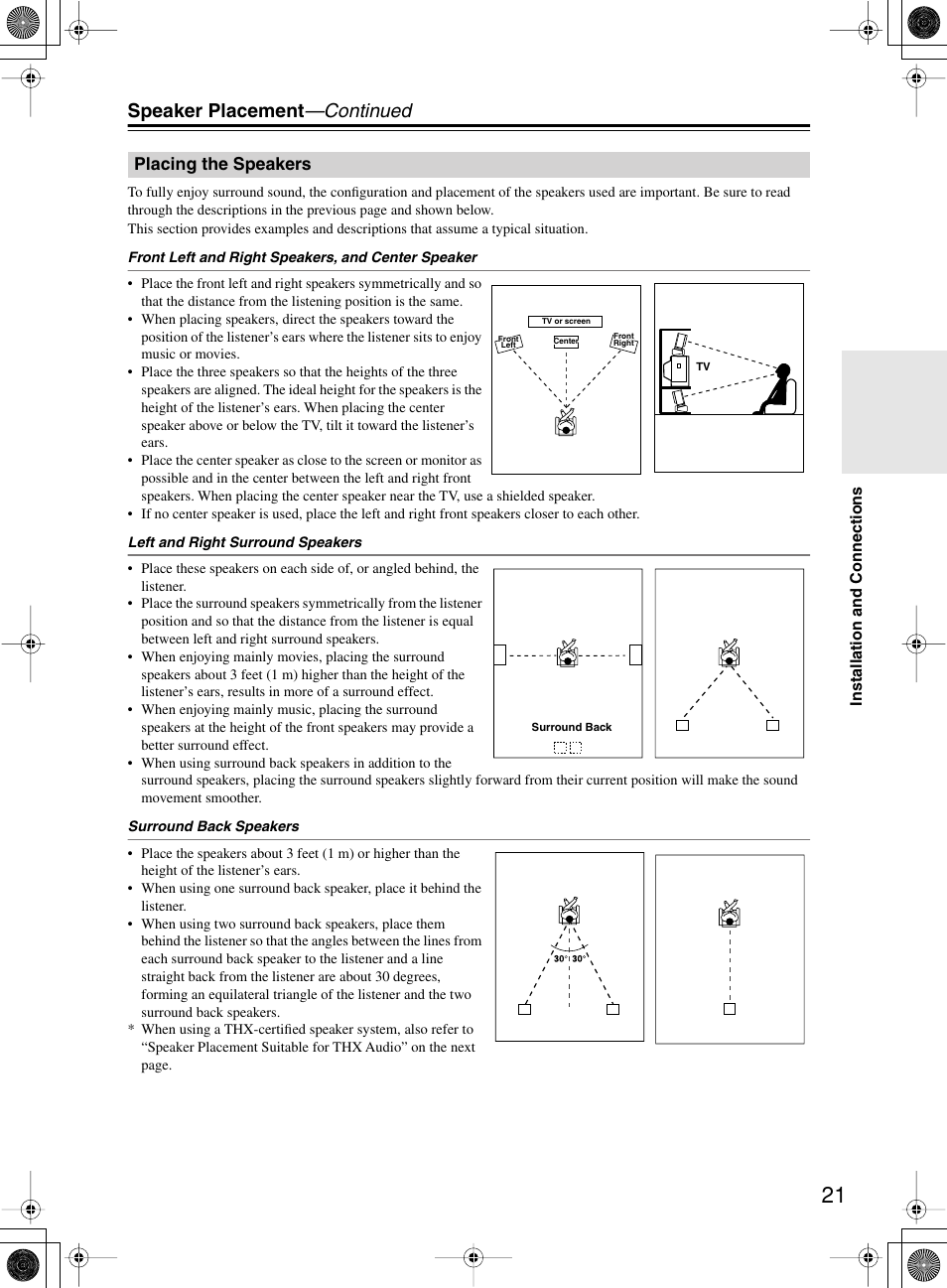 Speaker placement —continued, Placing the speakers | Integra DTR-10.5 User Manual | Page 21 / 152