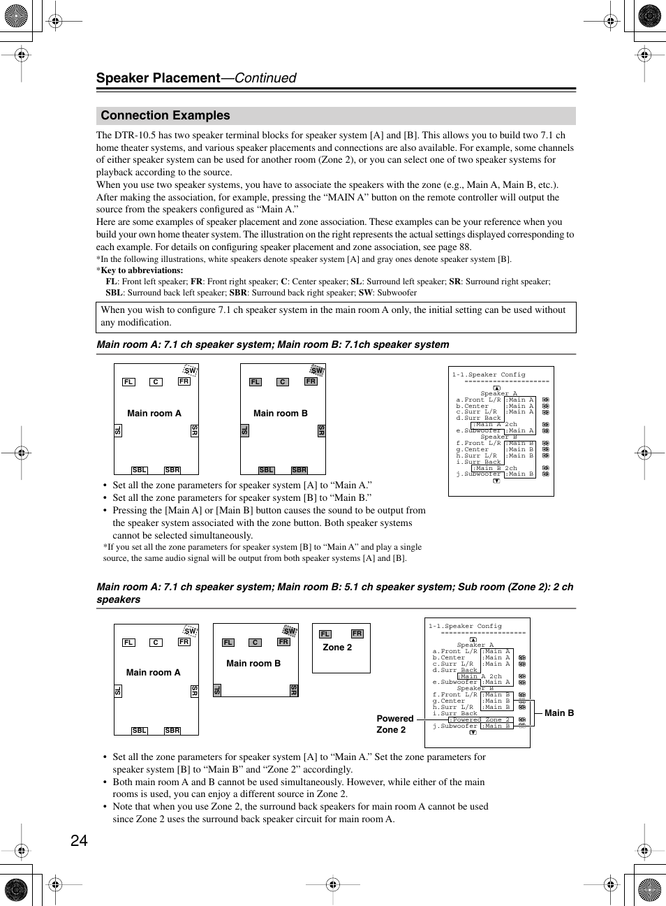 Speaker placement —continued, Connection examples | Integra DTR-10.5 User Manual | Page 24 / 152