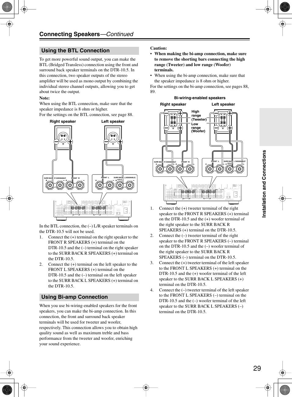 Connecting speakers —continued, Using the btl connection using bi-amp connection, Installation and connections | Integra DTR-10.5 User Manual | Page 29 / 152