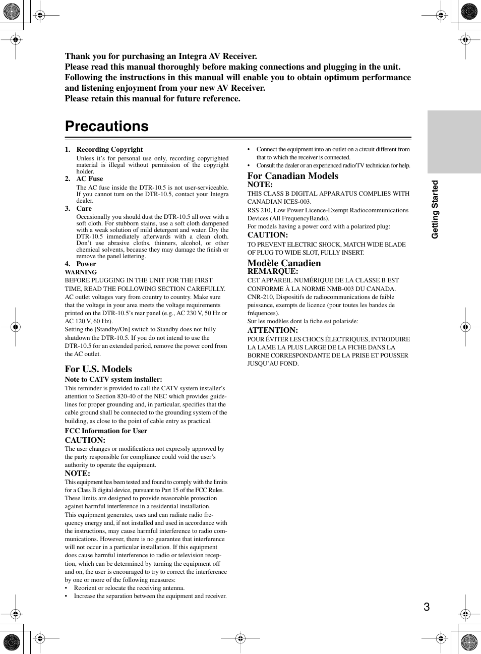 Precautions, For u.s. models, For canadian models | Modèle canadien | Integra DTR-10.5 User Manual | Page 3 / 152
