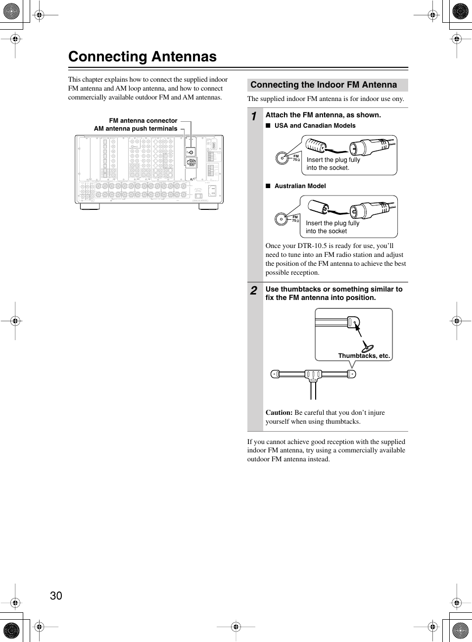 Connecting antennas, Connecting the indoor fm antenna | Integra DTR-10.5 User Manual | Page 30 / 152