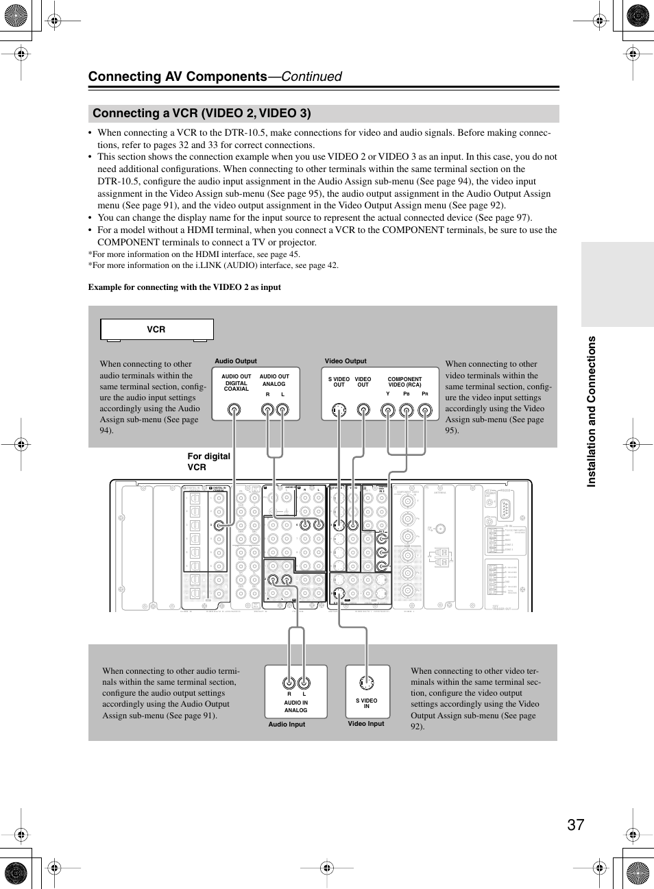 Connecting av components —continued, Connecting a vcr (video 2, video 3), Installation and connections | Audio output video output audio input video input | Integra DTR-10.5 User Manual | Page 37 / 152