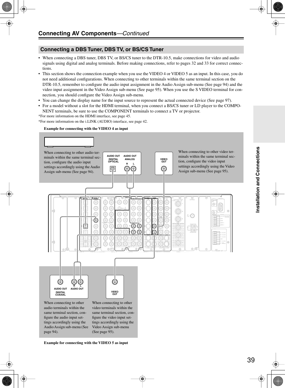 Connecting av components —continued, Connecting a dbs tuner, dbs tv, or bs/cs tuner, Installation and connections | Integra DTR-10.5 User Manual | Page 39 / 152