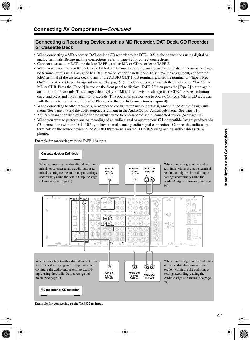 Connecting av components —continued, Installation and connections | Integra DTR-10.5 User Manual | Page 41 / 152