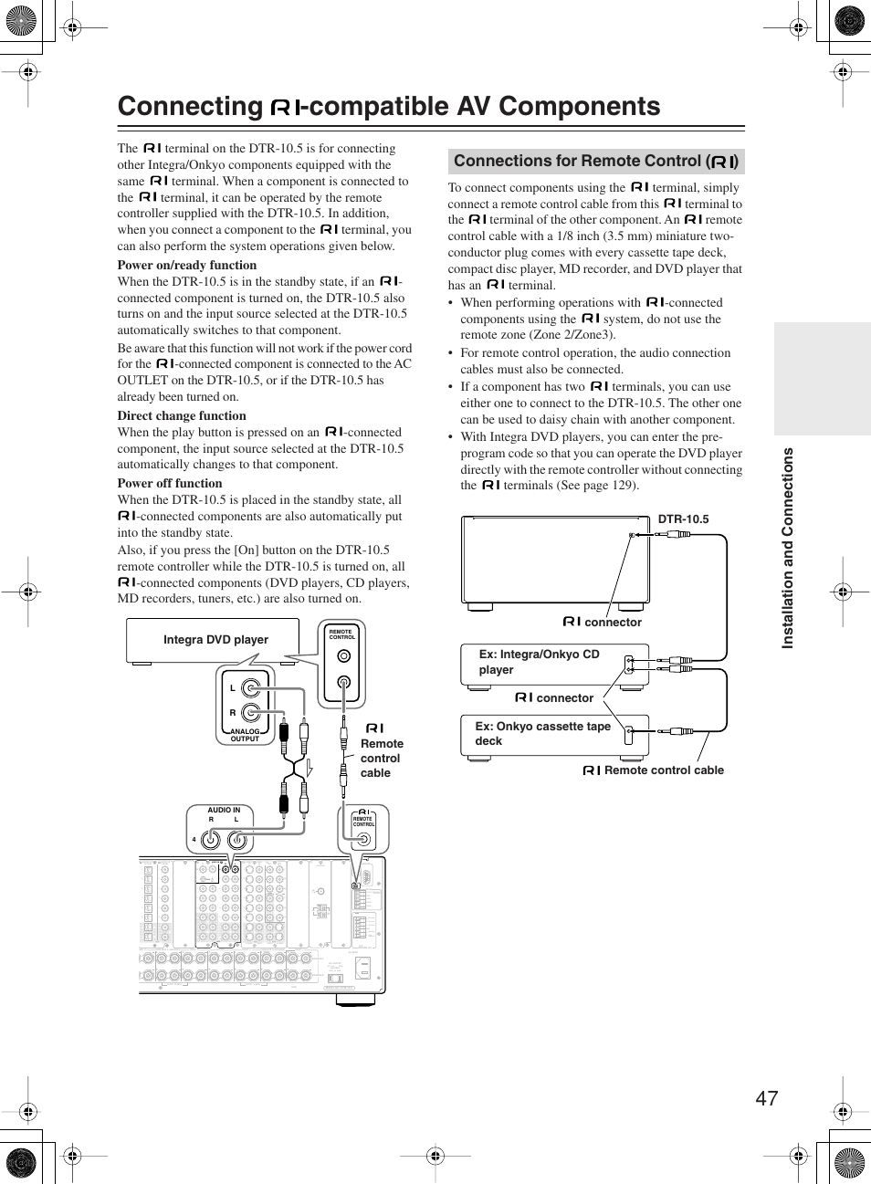 Connecting -compatible av components, Connections for remote control ( ), Installation and connections | Integra DTR-10.5 User Manual | Page 47 / 152