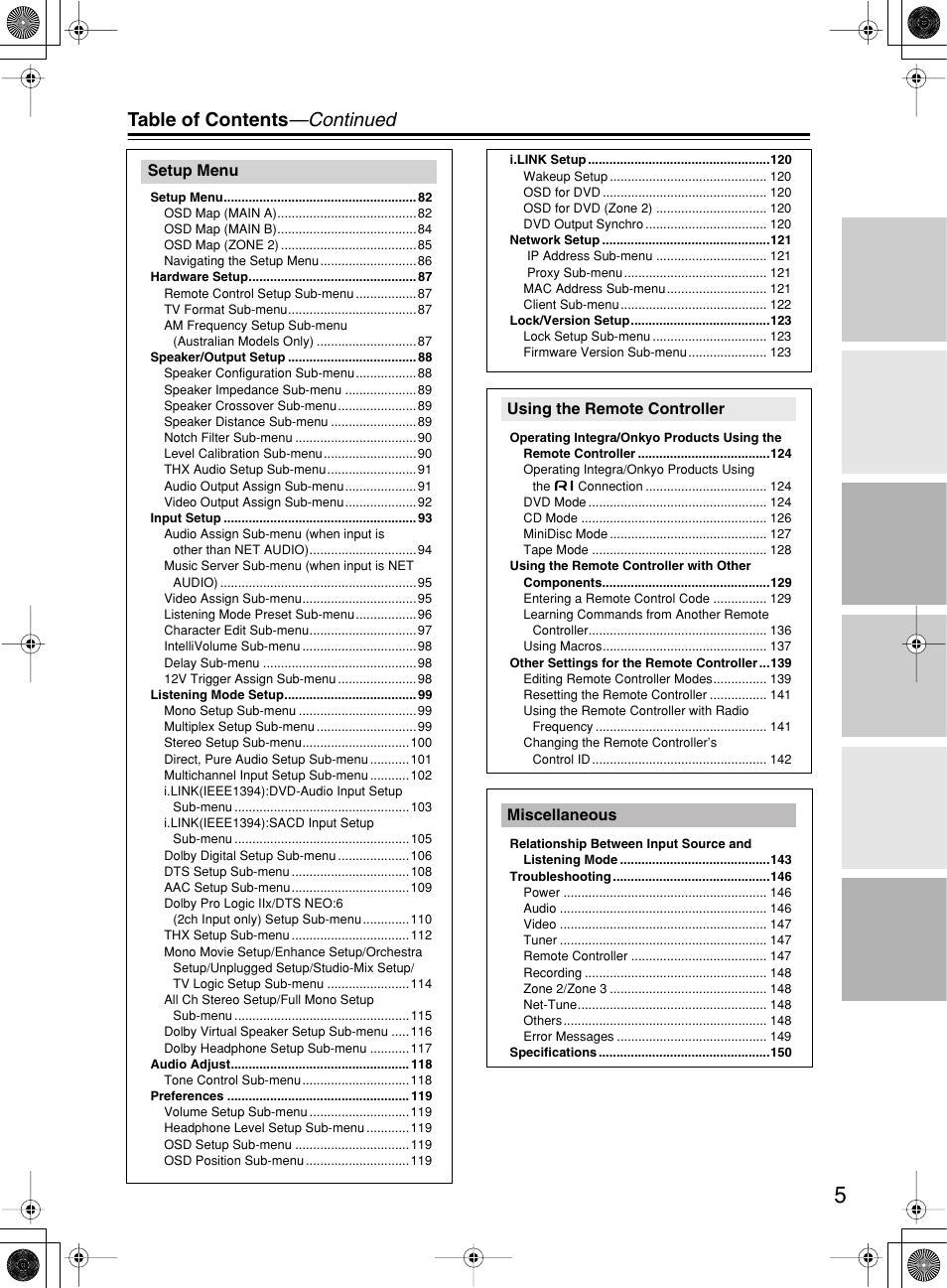 Table of contents —continued | Integra DTR-10.5 User Manual | Page 5 / 152