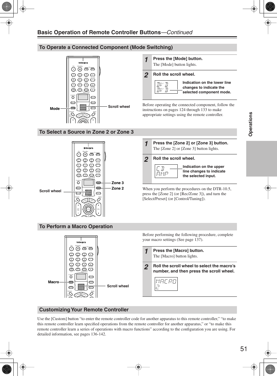 Customizing your remote controller, Operations, Press the [mode] button. the [mode] button lights | Roll the scroll wheel, Mode scroll wheel, Zone 3 zone 2 scroll wheel, Macro scroll wheel | Integra DTR-10.5 User Manual | Page 51 / 152