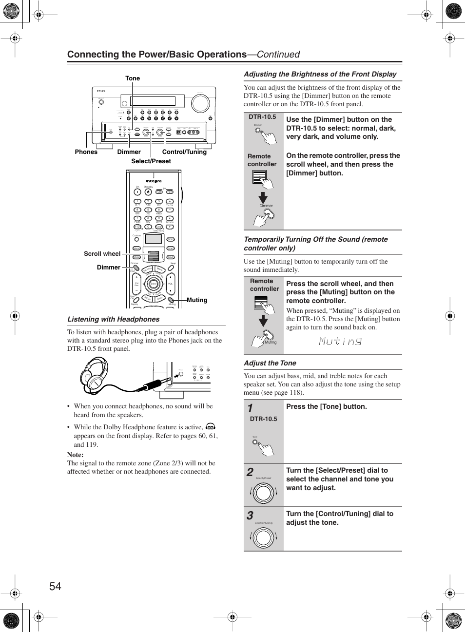 Connecting the power/basic operations —continued, Press the [tone] button, Turn the [control/tuning] dial to adjust the tone | Integra DTR-10.5 User Manual | Page 54 / 152