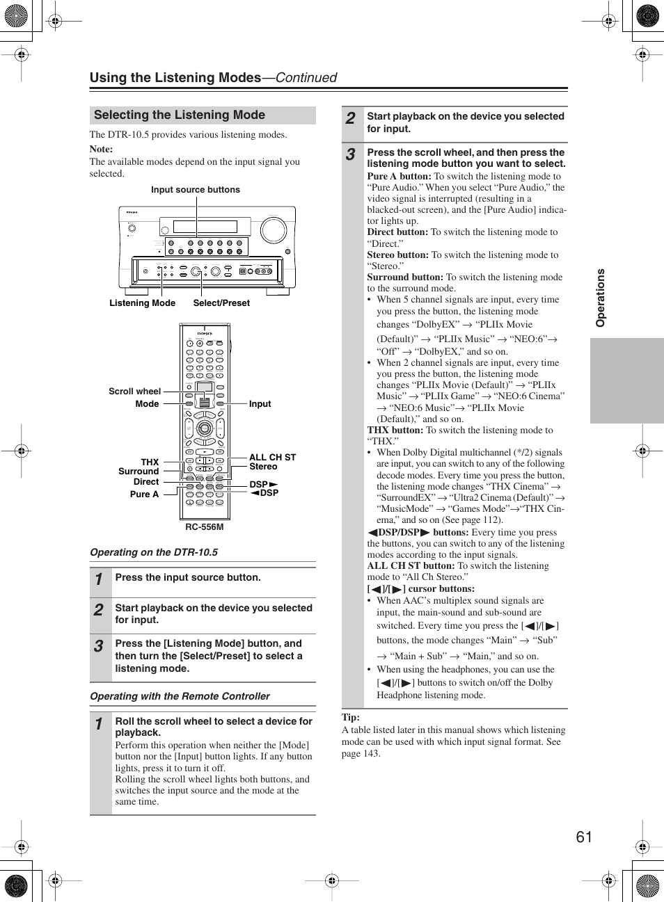 Using the listening modes —continued, Selecting the listening mode, Operations | Integra DTR-10.5 User Manual | Page 61 / 152