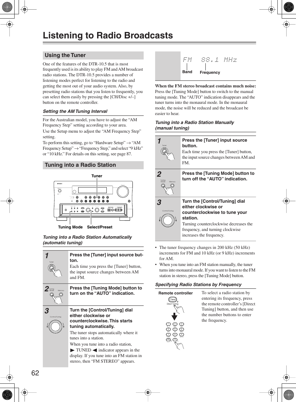 Listening to radio broadcasts, Using the tuner tuning into a radio station | Integra DTR-10.5 User Manual | Page 62 / 152