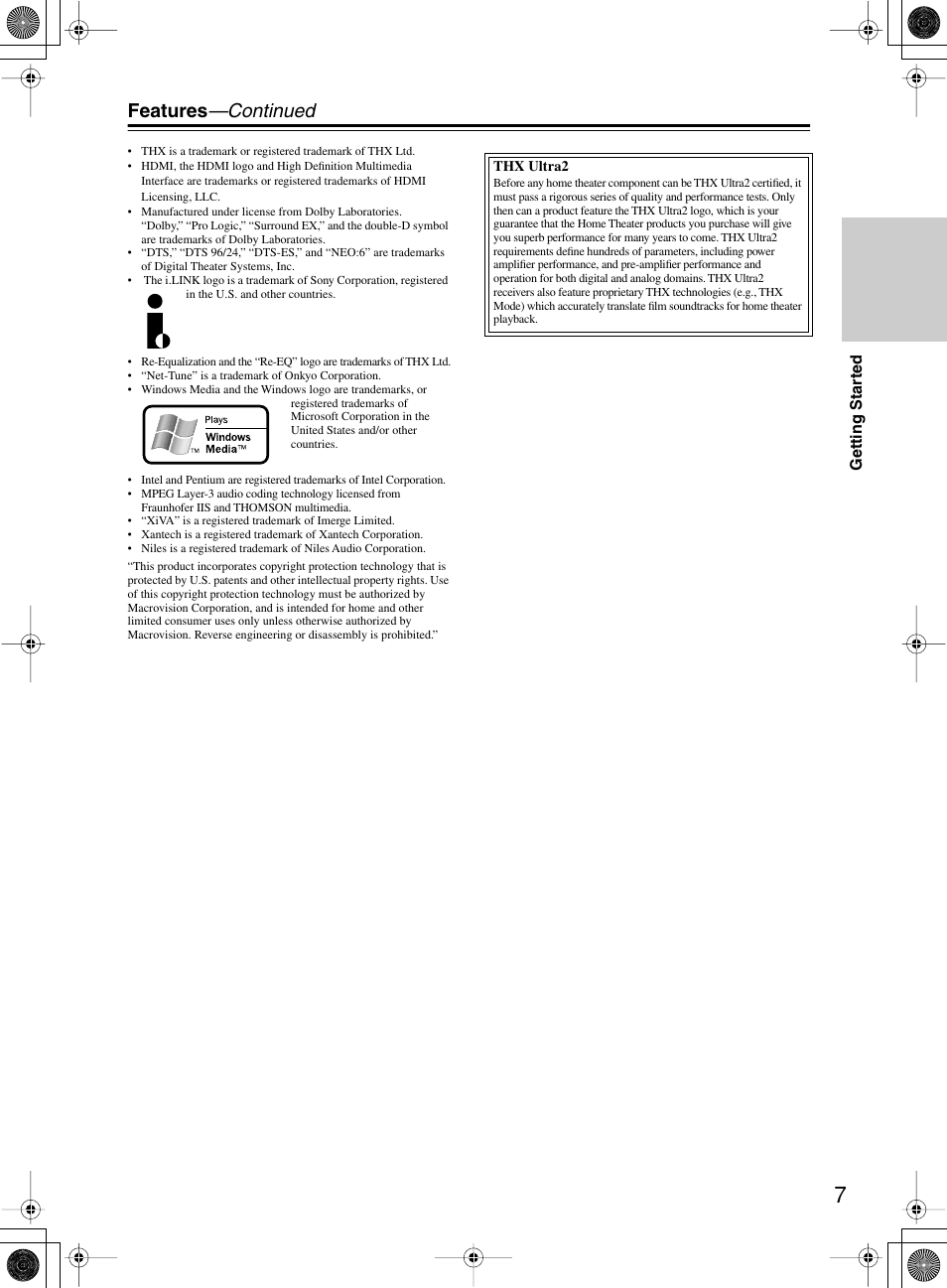 Features —continued | Integra DTR-10.5 User Manual | Page 7 / 152
