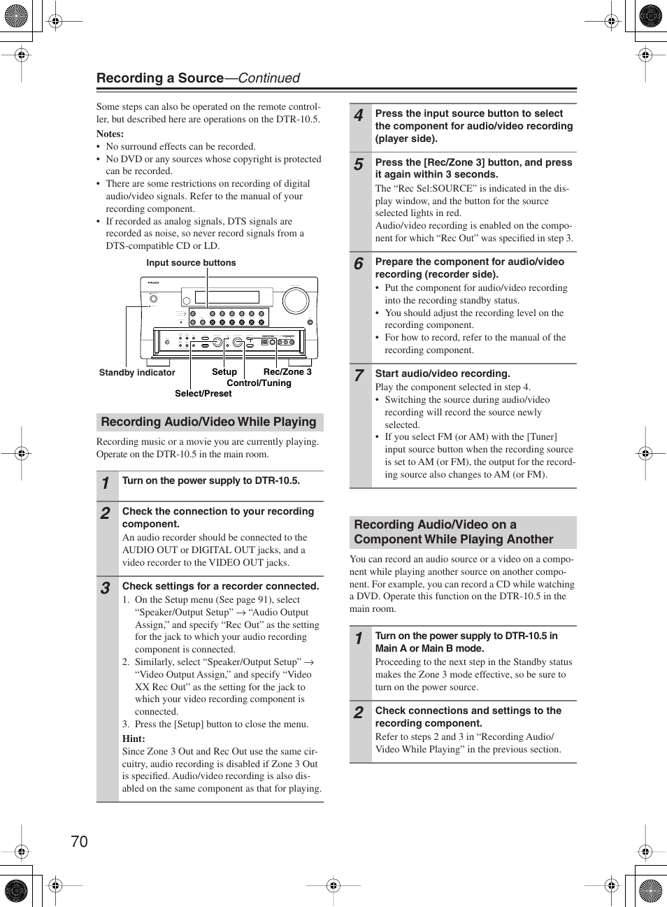 Recording a source —continued | Integra DTR-10.5 User Manual | Page 70 / 152
