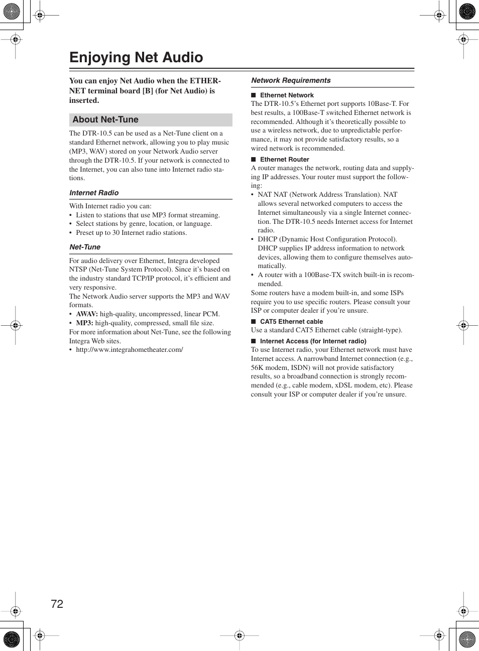 Enjoying net audio | Integra DTR-10.5 User Manual | Page 72 / 152