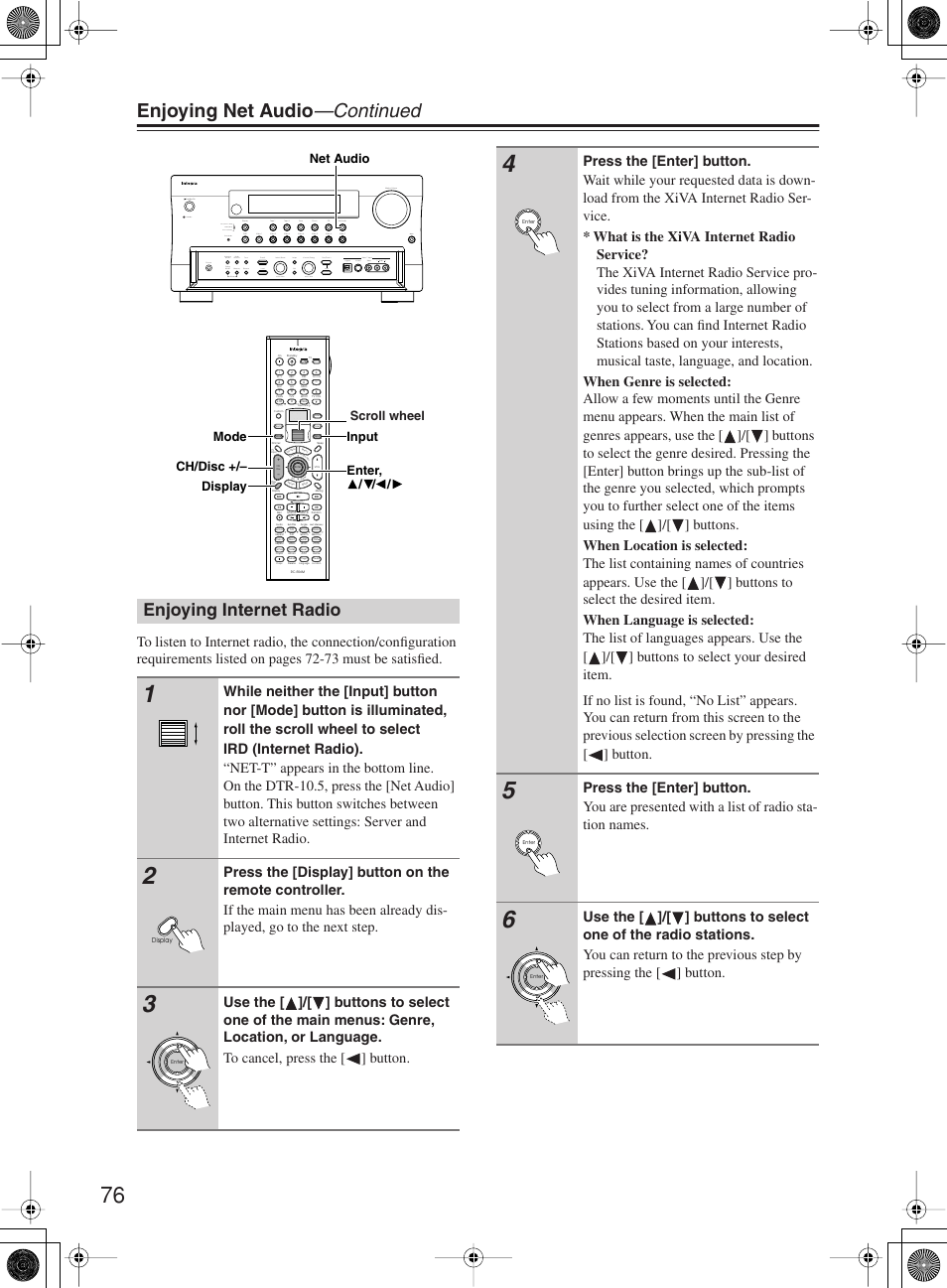 Enjoying net audio —continued, Enjoying internet radio | Integra DTR-10.5 User Manual | Page 76 / 152