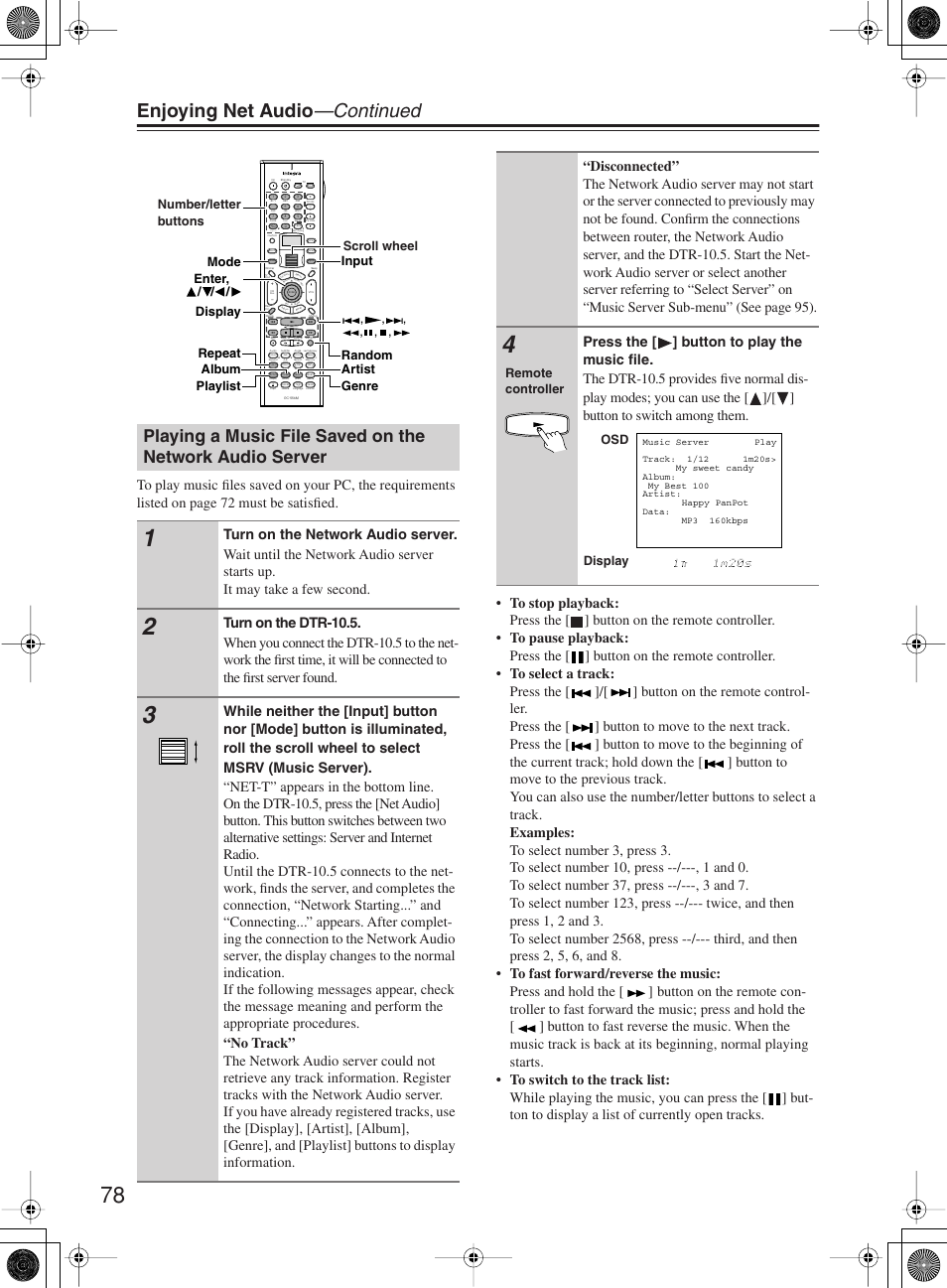 Enjoying net audio —continued, Remote controller, Osd display | Integra DTR-10.5 User Manual | Page 78 / 152