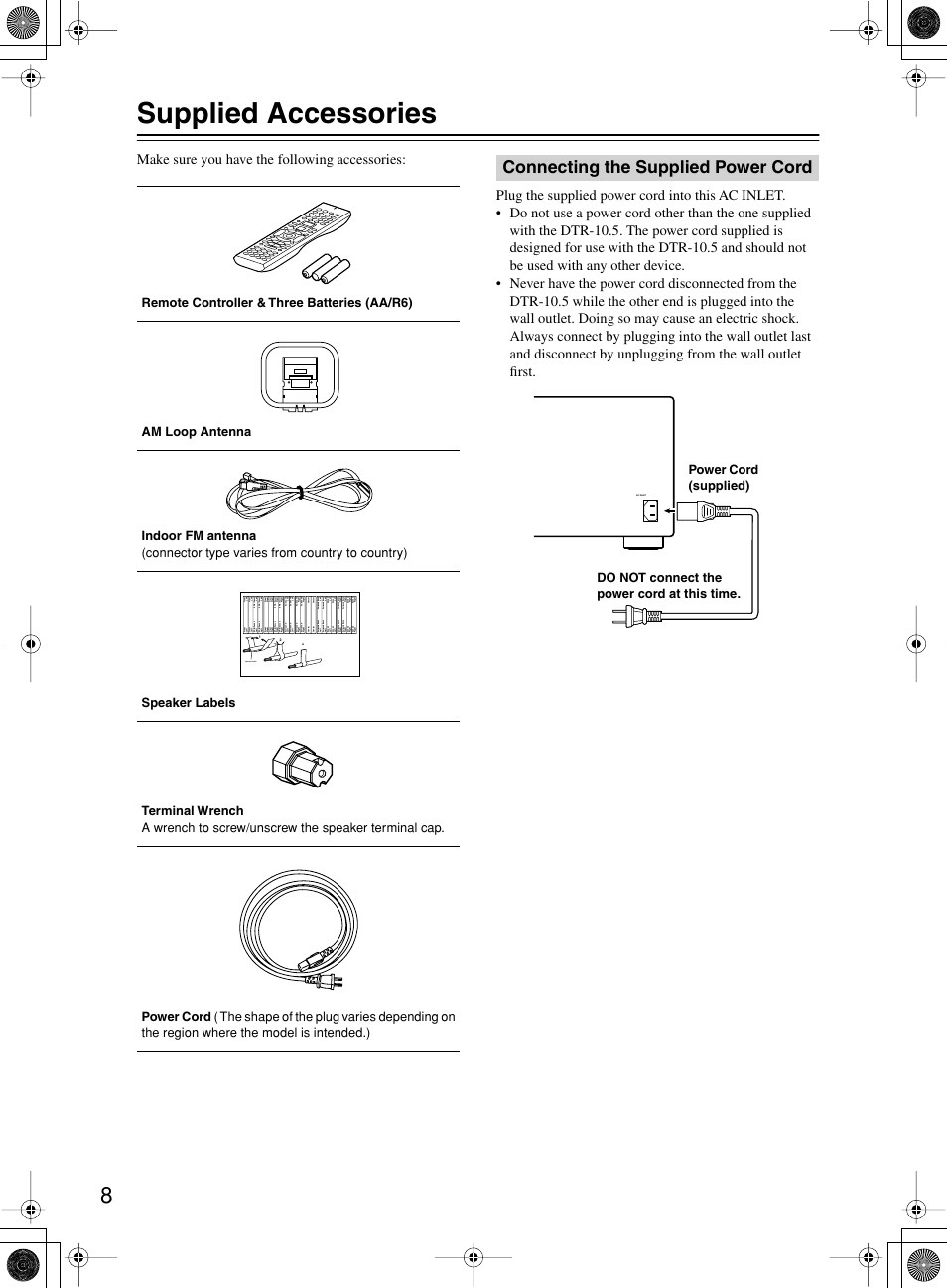 Supplied accessories, Connecting the supplied power cord, Speaker cable | Integra DTR-10.5 User Manual | Page 8 / 152