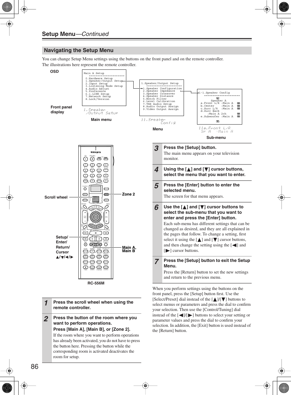 Setup menu —continued, Navigating the setup menu | Integra DTR-10.5 User Manual | Page 86 / 152