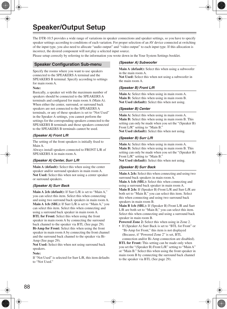 Speaker/output setup | Integra DTR-10.5 User Manual | Page 88 / 152