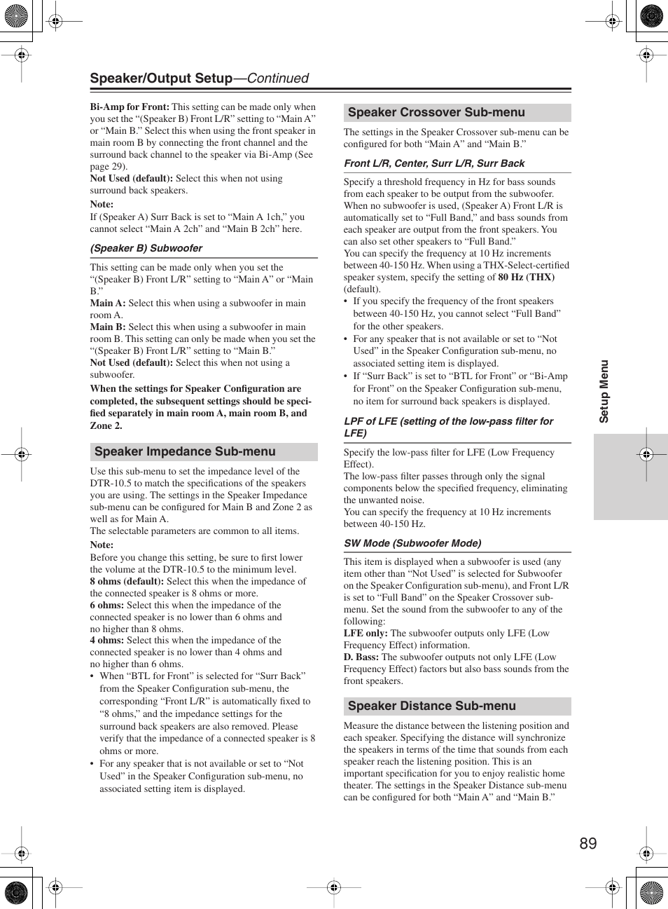 Speaker/output setup —continued | Integra DTR-10.5 User Manual | Page 89 / 152