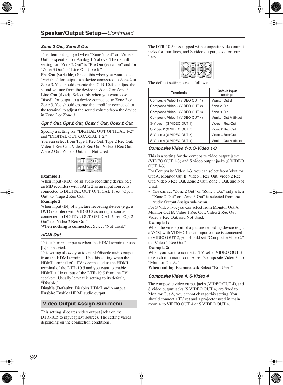 Speaker/output setup —continued, Video output assign sub-menu | Integra DTR-10.5 User Manual | Page 92 / 152