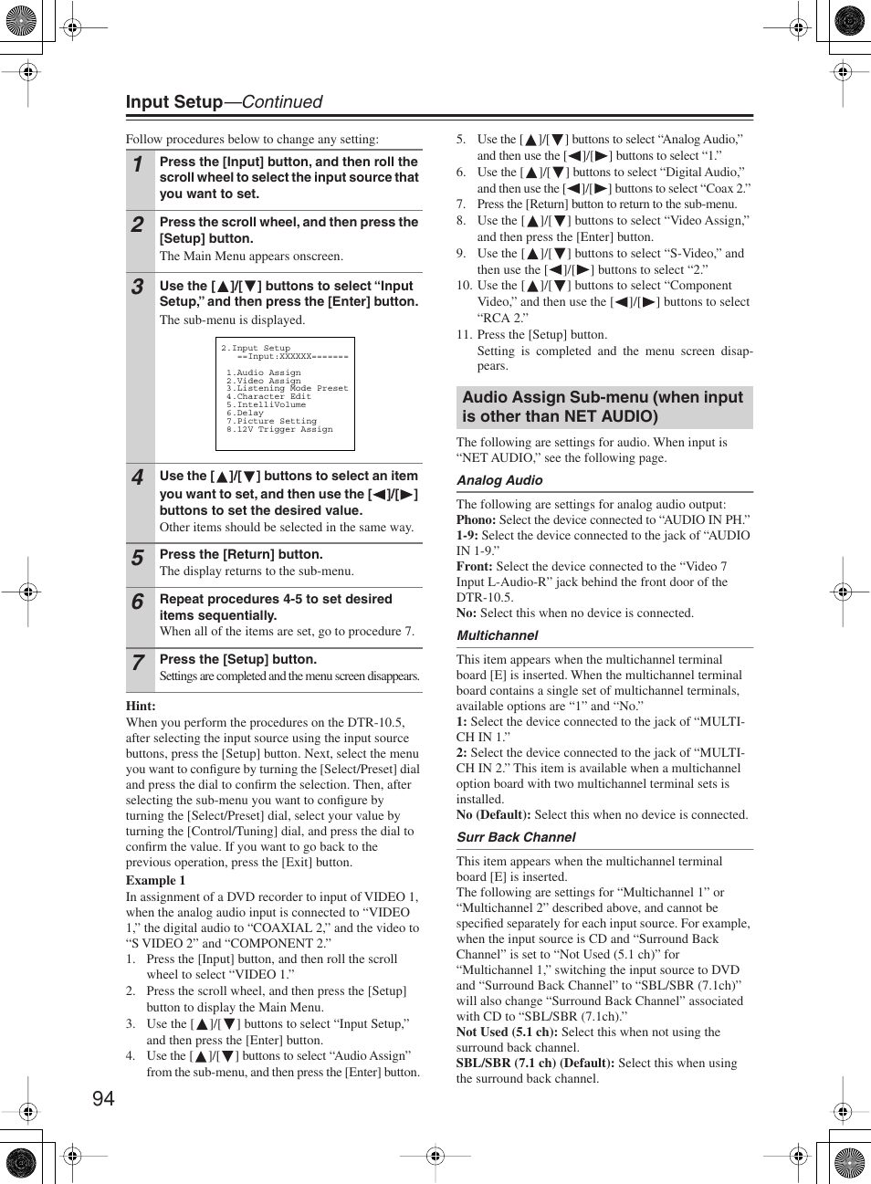 Input setup —continued | Integra DTR-10.5 User Manual | Page 94 / 152