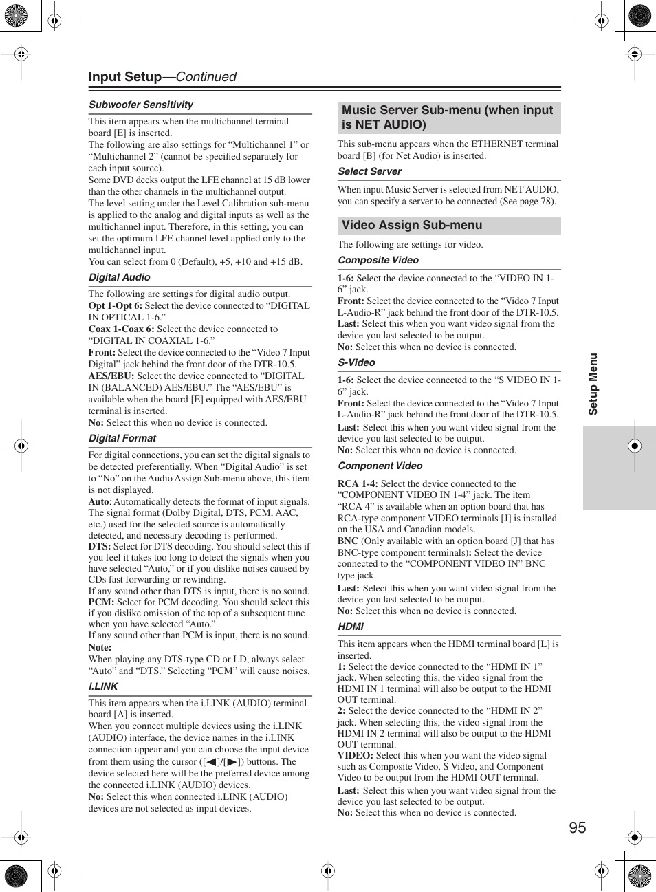 Input setup —continued | Integra DTR-10.5 User Manual | Page 95 / 152